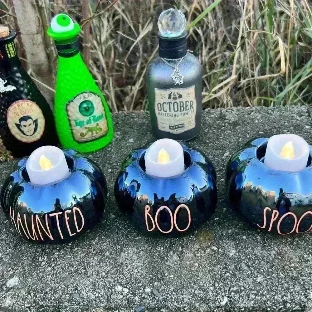 NEW Set of (3)Rae Dunn BOO/SPOOKY/HAUNTED pumpkin candle Holders WITHOUT candles